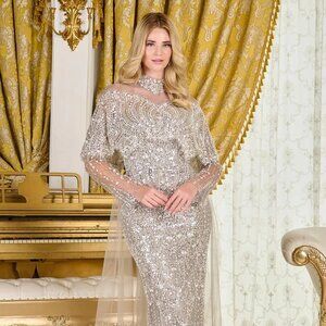 New Dark Silver Rhinestones Embellished Mother Of Bride Mesh Dress GL3705